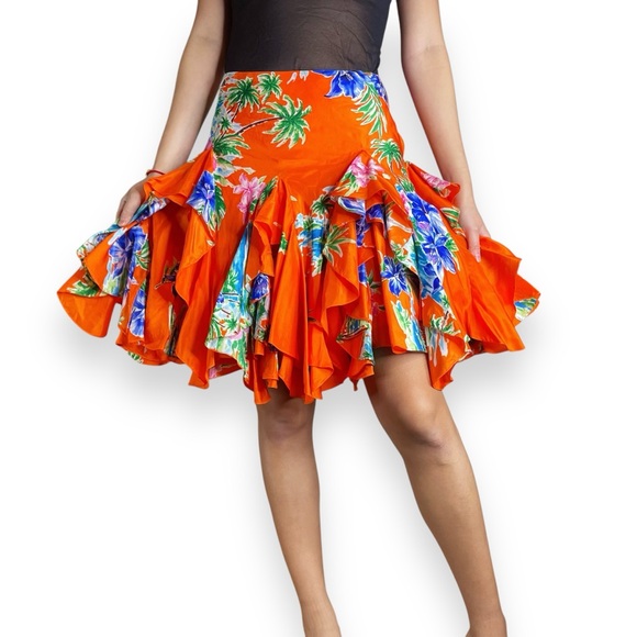 Vintage Ralph Lauren Layered Ruffle 100% Silk Tropical Floral Skirt Size 2 - Picture 2 of 16